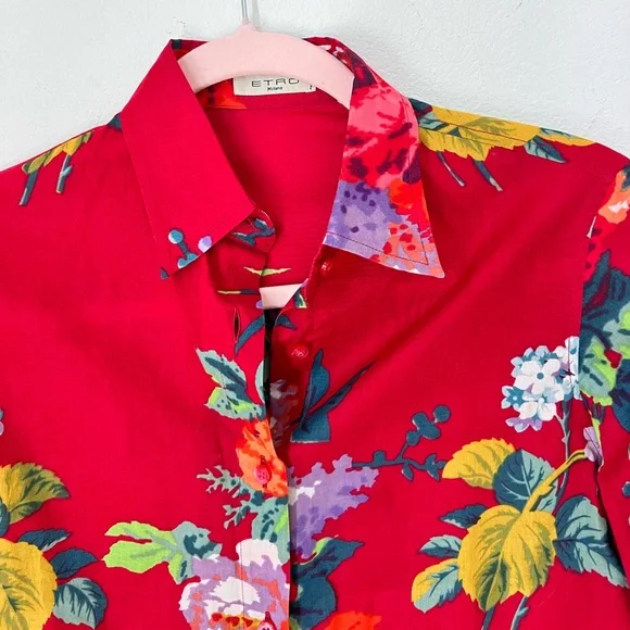 Etro Red Floral 100% Cotton Long Sleeves Lightweight Button Down Collared Top 40 - Picture 2 of 8